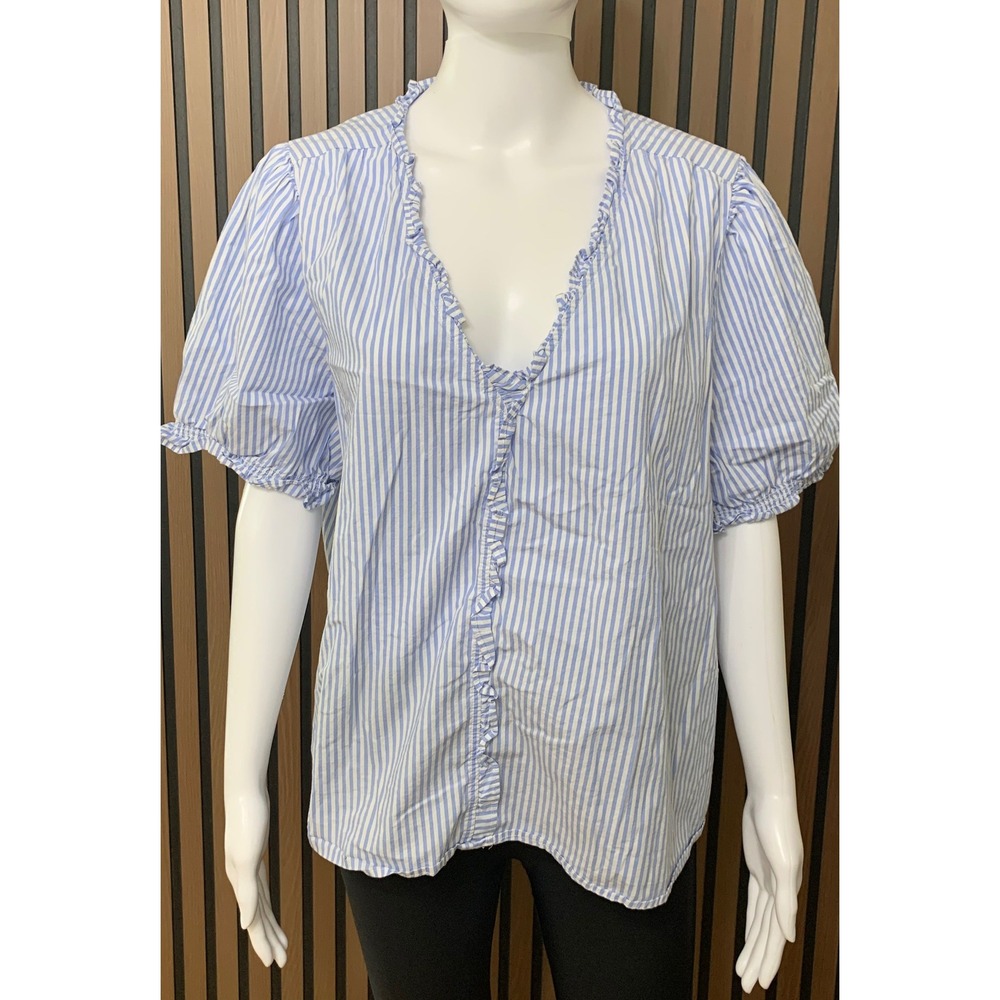 J.Crew Women's 3X Blue White Striped Ruffle V-Neck Puff Sleeve Cotton Blouse